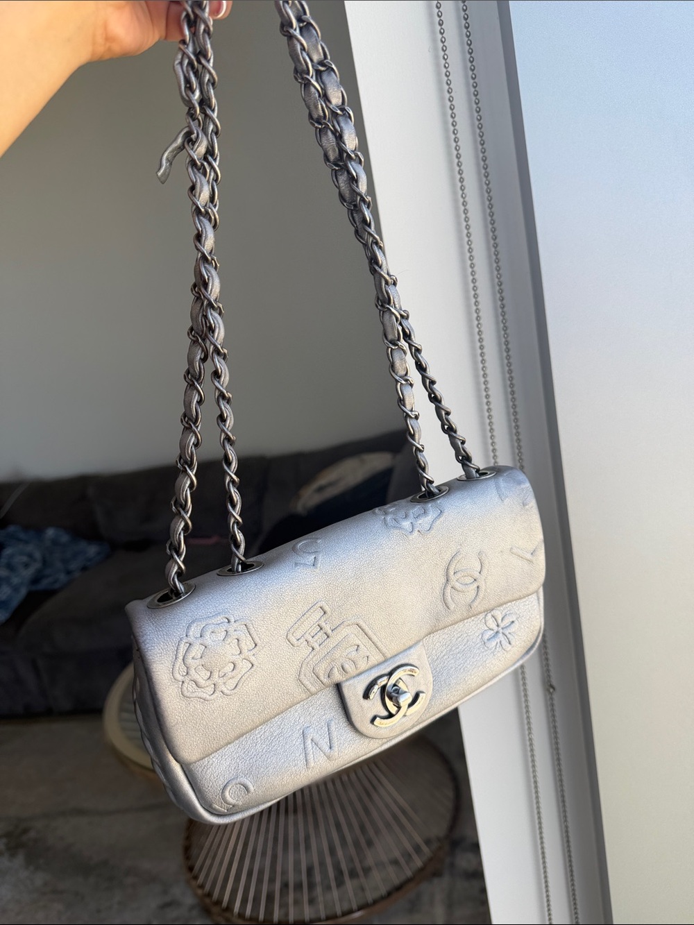 CHANEL Metallic Silver Embossed Leather Shoulder Bag